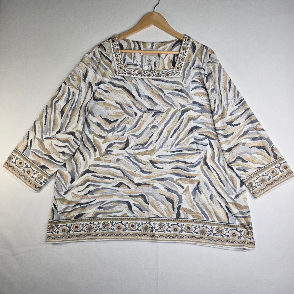 Alfred Dunner Woman 1X Top Zebra Abstract Print Square Neck Embroidered Beaded